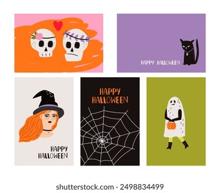 Greeting cards with various halloween characters authors work