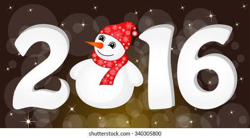 Greeting cards Vector illustration the idea for the Christmas banner. Happy New Year 2016 With Snowman and Santa Hat