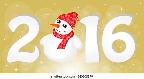 Greeting cards Vector illustration the idea for the Christmas banner. Happy New Year 2016 With Snowman and Santa Hat