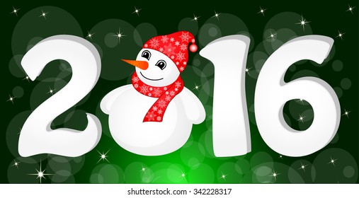 Greeting cards Vector illustration idea for a Christmas banner. Happy New Year 2016 With Snowman and Santa Hat