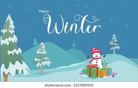 Greeting cards for the winter season holiday with Snowmen and gifts.
Christmas character with winter background illustration.