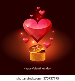 Greeting card-Valentine card with colorful hearts flying out of gift box