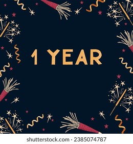 Greeting celebrating vector card with text 1 year. Dark theme. Frame design print with celebrating elements with dotted texture on dark background