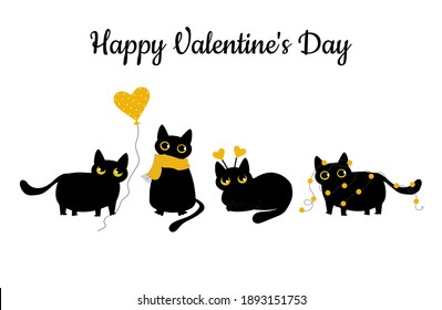 Greeting cheerful card for Valentine's Day with black cats. Pattern for fashionable prints on  textiles, clothes, gliders, covers. Vector illustration.