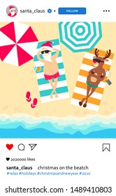 Greeting Christmas card 2020. Santa Claus account in the social network similar to instagram. Christmas holiday. Santa Claus and deer Rudolph relax on the beach. Vector illustration