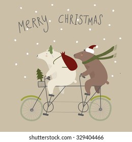Greeting Christmas card.Two bears are riding a Bicycle to give gifts at Christmas. Vector illustration.
