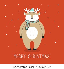 Greeting Christmas card cartoon deer. Reindeer in Santa Claus hat, snow. Hand drawn funny cartoon christmas character. Happy New year, merry Christmas. Animal vector