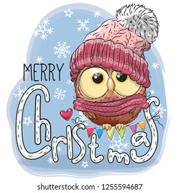 Greeting Christmas card with cartoon Owl on a blue background