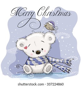 Greeting Christmas card with Cartoon Polar Bear