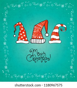 Greeting Christmas card with collection of red christmas hats. Vector illustration