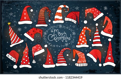 Greeting Christmas card with collection of red christmas hats. Vector illustration