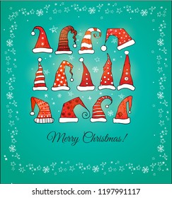 Greeting Christmas card with collection of red christmas hats. Vector illustration