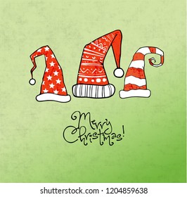 Greeting Christmas card with collection of red christmas hats. Vector illustration