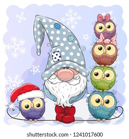 Greeting Christmas card Cute Cartoon Gnome and Owls blue background