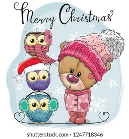 Greeting Christmas card Cute Cartoon Teddy Bear and three Owls