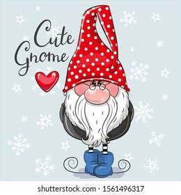 Greeting Christmas Card Cute Cartoon Gnome On A Blue Background