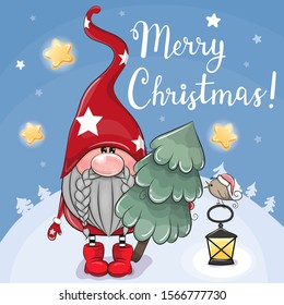 Greeting Christmas card Cute Cartoon Gnome with Christmas tree on a blue background