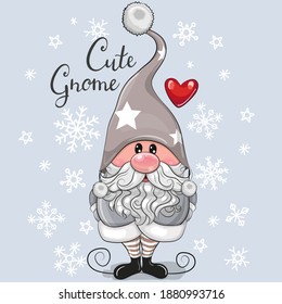 Greeting Christmas card Cute Cartoon Gnome on a blue background