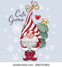 Greeting Christmas card Cute Cartoon Gnome on a blue background