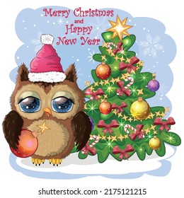 Greeting Christmas card Cute Cartoon Owl with Christmas tree.