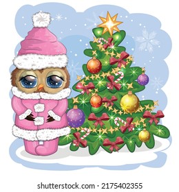 Greeting Christmas card Cute Cartoon Owl with Christmas tree.