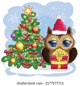 Greeting Christmas card Cute Cartoon Owl with Christmas tree.