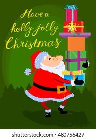 Greeting Christmas card with cute cartoon  Santa Claus with gift boxes on green background