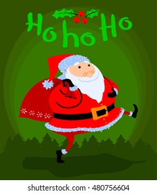Greeting Christmas card with cute cartoon  Santa Claus with big sack on green background