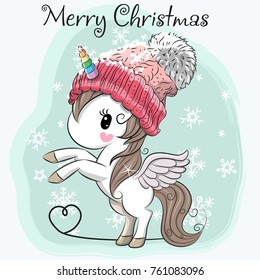 Greeting Christmas card Cute Cartoon Unicorn in a hat