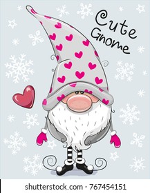 Greeting Christmas card Cute Cartoon Gnome on a blue background