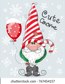 Greeting Christmas card Cute Cartoon Gnome on a blue background