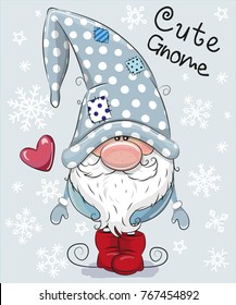 Greeting Christmas card Cute Cartoon Gnome on a blue background