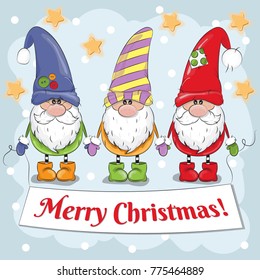 Greeting Christmas card with cute cartoon gnomes. Hand drawn gnomes holding hands with garland.