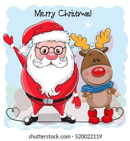 Greeting Christmas card Cute Drawn deer and Santa