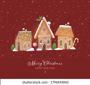 Greeting christmas card with cute gingerbread houses on red background.