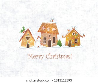 Greeting christmas card with cute gingerbread houses on white textured paper background.