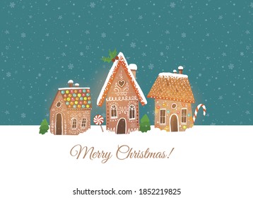 Greeting christmas card with cute gingerbread houses.