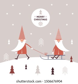 Greeting Christmas card, cute christmas gnomes in red hats sledding