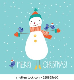 Greeting Christmas card with a cute snowman