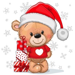 Greeting Christmas Card Cute Teddy Bear In A Santa Hat With Gifts