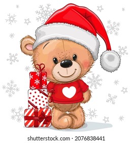 Greeting Christmas card Cute Teddy Bear in Santa hat and gifts