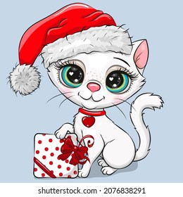 Greeting Christmas card Cute Wite Cat in a Santa hat with gift