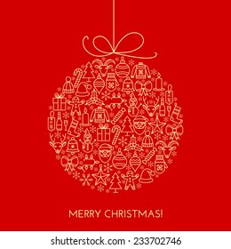 Greeting Christmas card with decor ball made with outline icons. Holiday banner. Vintage poster.