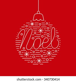 Greeting Christmas card with decor ball. Linear holiday banner. Vintage outline poster.