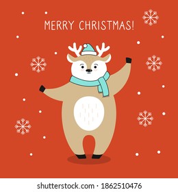 Greeting Christmas card, deer with new year snow, snowflake. Reindeer in Santa Claus hat. Hand drawn funny cartoon christmas character. Happy New year, merry Christmas. Animal vector
