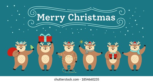 Greeting Christmas card, deer in row. New Year cartoon reindeer in different poses with red hat, with gift box. Merry Christmas and Happy New Year. Hand drawn animal deers character holidays vector