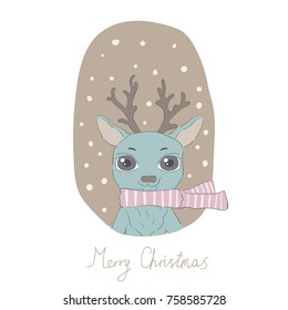 Greeting christmas card with a deer in a scarf , Christmas ornaments and typography design. Vector illustration.