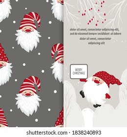 Greeting Christmas card design with cartoon gnome.