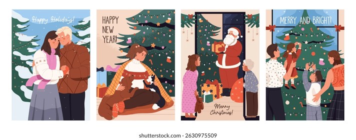 Greeting Christmas card designs set. Templates of Xmas postcards. Families are preparing for New Year, celebration of winter holidays. Santa Claus, kids, couples with gifts. Flat vector illustrations
