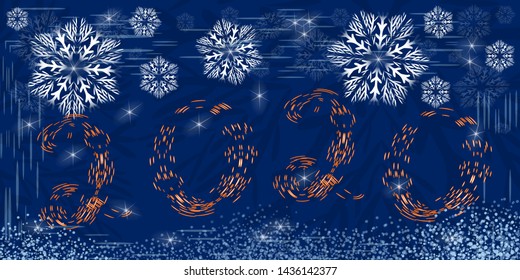 Greeting Christmas card. Falling snowflakes against the blue sky with bright stars and highlights. Figures 2020 orange in hand drawing style.